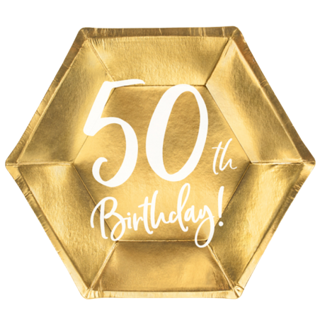 Piatto di Carta 18cm Esagonale Oro Metallizzato 50 Anni 6pz Tavola 50° Compleanno