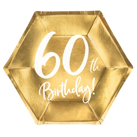 Piatto di Carta 18cm Esagonale Oro Metallizzato 60 Anni 6pz Tavola 60° Compleanno