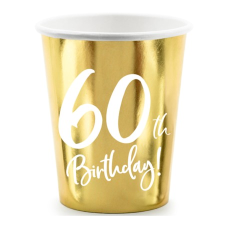 Bicchiere di Carta 220ml Oro Metallizzato 60anni "60th Birthday" 6pz Tavola 60° Compleanno