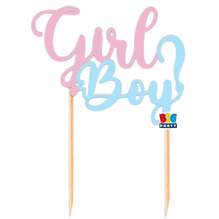 Cake Topper di Carta 21cm Sagomato "Girl or Boy?" Tavola Gender Reveal Boy or Girl?