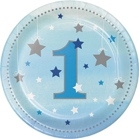Piatto di Carta 18cm per 1°Compleanno Celeste con Stelline 8pz One Birthday Boho Blue