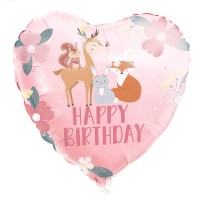 Palloncino in Foil 18" Cuore Deliziosa Foresta "Happy Birthday" Animali del Bosco