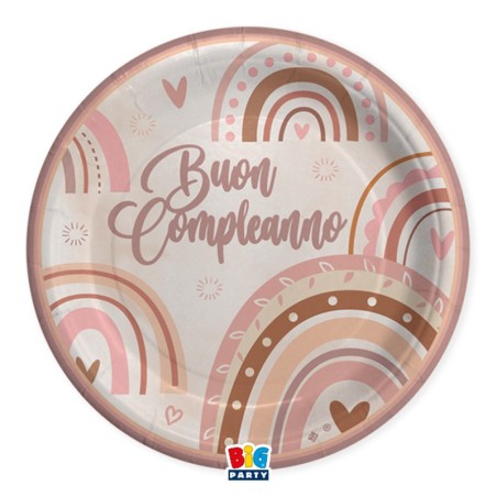 Piatto di Carta 24cm Buon Compleanno "Boho Rosa" 8pz Buon Compleanno Boho Rosa