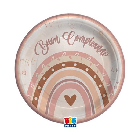 Piatto di Carta 18cm Buon Compleanno "Boho Rosa" 8pz Buon Compleanno Boho Rosa