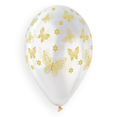 Palloncino in Lattice 13" GS120 Trasparente con Stampa Fiori e Farfalle Oro 50pz Gemar "Theme & Patterns"