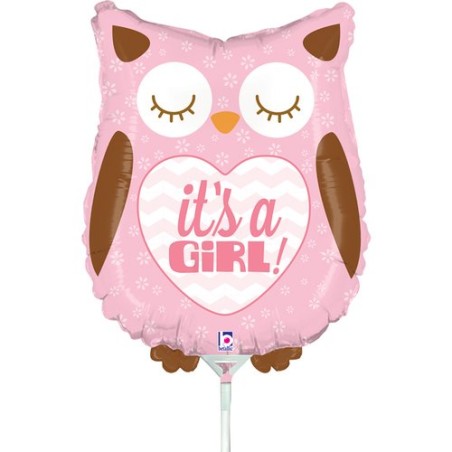 Palloncino in Foil 14" Mini Shape Gufo Rosa "Its a Girl Baby Owl" Nascita e Battesimo Grabo