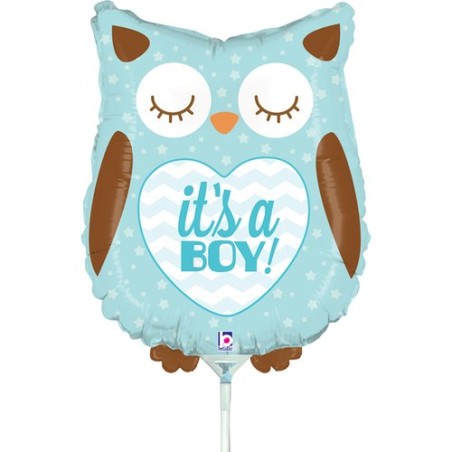 Palloncino in Foil 14" Mini Shape Gufo Celeste "Its a Boy Baby Owl" Nascita e Battesimo Grabo