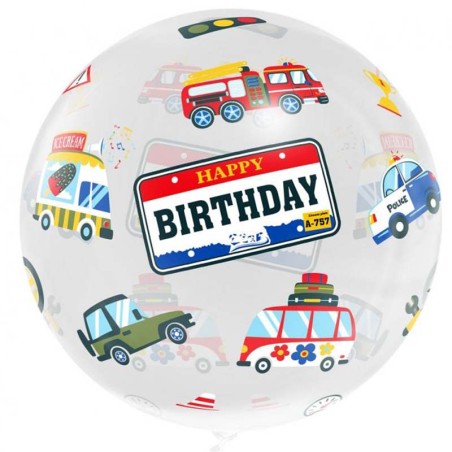Palloncino in Elastico PVC 20" Crystal Balloon Happy Birthday con Veicoli Veicoli "Vehicles"
