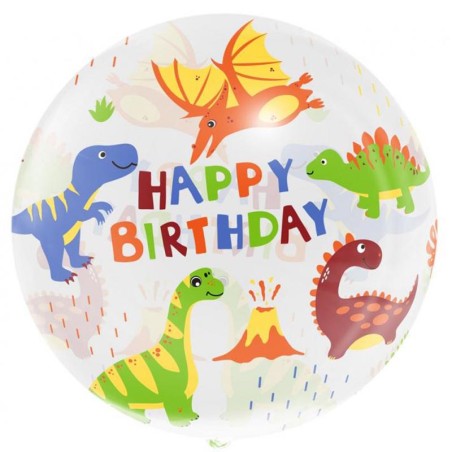 Palloncino in Elastico PVC 20" Crystal Balloon Happy Birthday con Dinosauri Draghi e Dinosauri