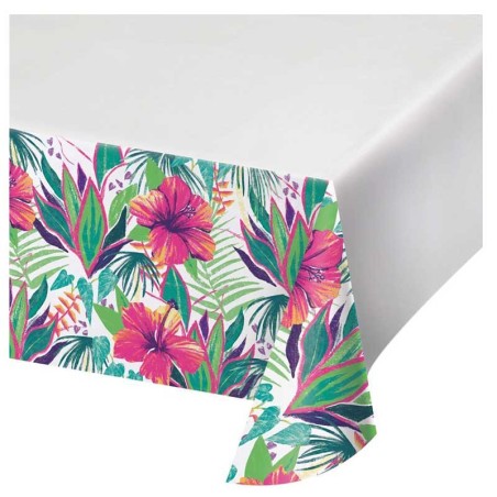 Tovaglia di Plastica 137x259cm con Fiore Tropicale "Island Tropics" Festa Tema Fenicottero "Flamingo"