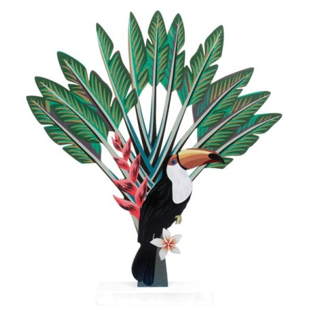 Centrotavola di Legno sagomato Tucano e Foglie Tropicali 20cm Giungla Tropicale "Java"