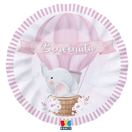 Piatto di Carta 25cm Nascita Rosa "Benvenuta" 8pz Benvenuta Rosa