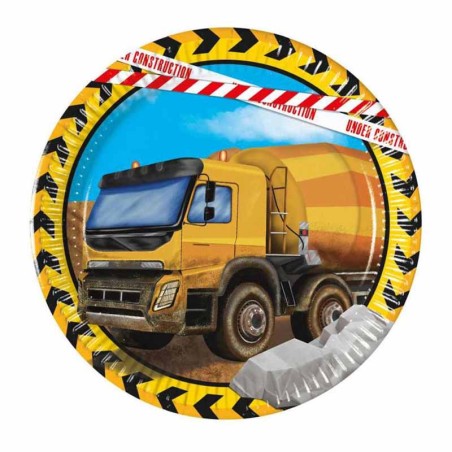 Piatto di Carta 20cm con Costruzioni Stradali "Construction" 8pz Festa Tema Costruzioni Stradali