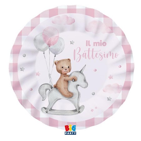 Piatto di Carta 20cm Battesimo Rosa "Teddy Bear" 8pz Battesimo Teddy Rosa