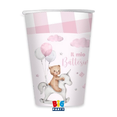 Bicchiere di Carta 200ml Battesimo Rosa "Teddy Bear" 8pz Battesimo Teddy Rosa