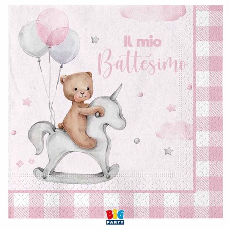 Tovagliolo di Carta 33x33cm Battesimo Rosa "Teddy Bear" 20pz Battesimo Teddy Rosa