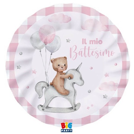 Piatto di Carta 25cm Battesimo Rosa "Teddy Bear" 8pz Battesimo Teddy Rosa