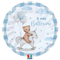 Piatto di Carta 25cm Battesimo Celeste "Teddy Bear" 8pz Battesimo Teddy Celeste