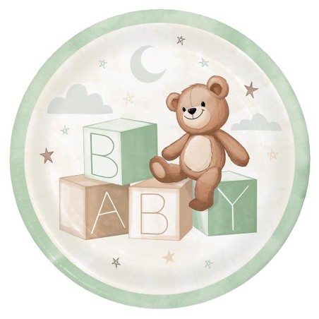 Piatto di Carta 23cm con Orsetto su Cubi "Teddy Bear" 8pz Baby Shower