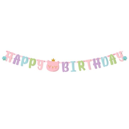 Festone Happy Birthday Gatto Rosa "Cat Princess" 2mt Coordinati Tavola Maverick