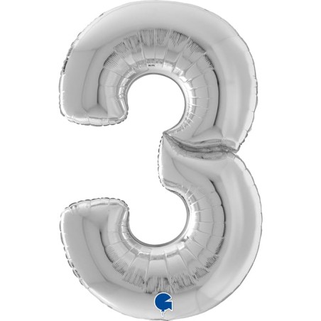 Palloncino in Foil 64" Mega Numero 3 Argento "Number Silver" Numeri 64" Argento "Silver"