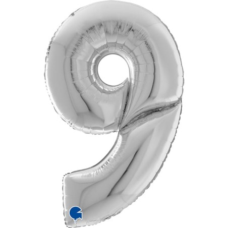 Palloncino in Foil 64" Mega Numero 9 Argento "Number Silver" Numeri 64" Argento "Silver"