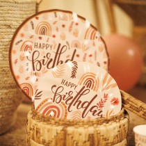 Piatto di Carta 25cm con Arcobaleno Boho "Happy Birthday" 8pz Happy Birthday Boho