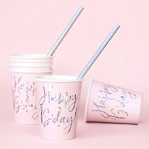Bicchiere di Carta 220ml Rosa Happy Birthday Iridescente 6pz Happy Birthday Pink
