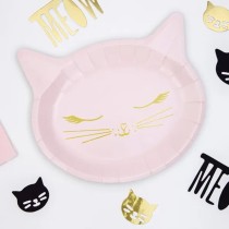 Piatto di Carta 22cm Sagomato Gatto Rosa e Oro 6pz Festa Tema Gatto "Cat"