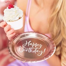 Piatto di Carta 18cm Rose Gold Metallizzato Happy Birthday 6pz Happy Birthday Rose Gold