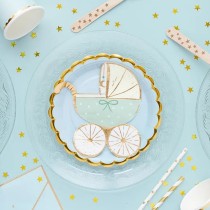 Tovagliolino di Carta 28x30cm sagomato Carrozzina Celeste "Baby Stroller" 20pz Tavola Gender Reveal Boy or Girl?