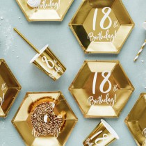 Piatto di Carta 18cm Esagonale Oro Metallizzato 18 Anni 6pz Tavola 18° Compleanno