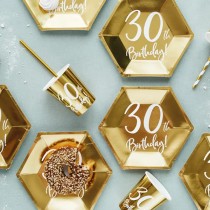 Piatto di Carta 18cm Esagonale Oro Metallizzato 30 Anni 6pz Tavola 30° Compleanno