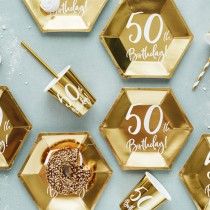 Piatto di Carta 18cm Esagonale Oro Metallizzato 50 Anni 6pz Tavola 50° Compleanno