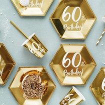 Piatto di Carta 18cm Esagonale Oro Metallizzato 60 Anni 6pz Tavola 60° Compleanno