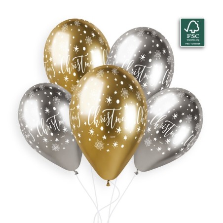 Palloncino in Lattice 13" GBS120 Oro e Argento Shiny con Scritta "Christmas" 25pz Gemar "Christmas/New Year"