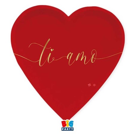 Piatto di Carta 22cm Sagomato Cuore "Ti Amo Gold" 6pz Coordinati Festa Amore