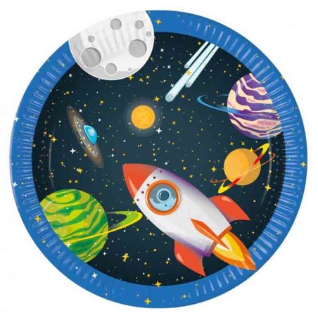 Piatto di Carta 23cm dello Spazio "Rocket Space" 8pz Festa a tema Universo