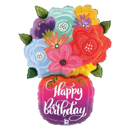 Palloncino in Foil 39" Super Shape Happy Birthday Vaso di Fiori Happy Birthday Grabo