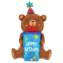 Palloncino in Foil 48" Super Shape Happy Birthday Orsetto con Pacco Regalo Happy Birthday Grabo