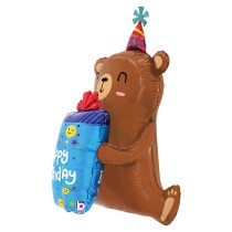 Palloncino in Foil 48" Super Shape Happy Birthday Orsetto con Pacco Regalo Happy Birthday Grabo
