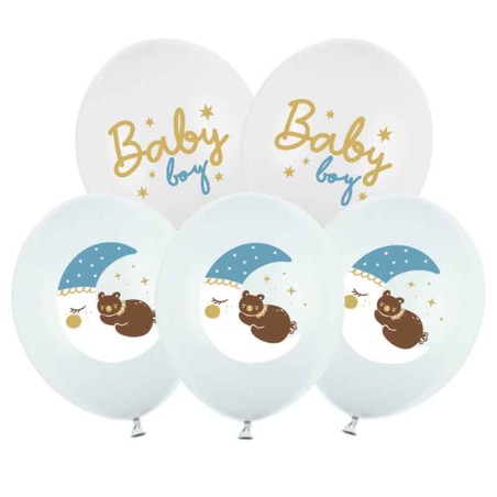 Palloncino in Lattice 12" Orsetto su Luna Celeste "Baby Boy" 6pz Palloncini Nascita Celeste