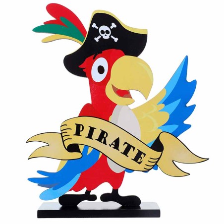 Centrotavola di Legno sagomato Pappagallo Pirata 20cm Festa Tema Pirata "Pirates"