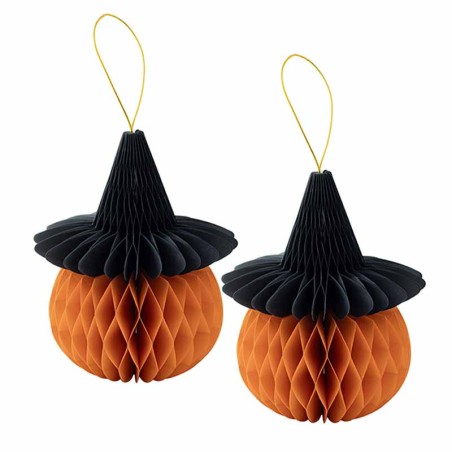 Decorazione di Carta a Nido d'Ape Zucca con Cappello da Strega 2pz Addobbi e Festoni Halloween