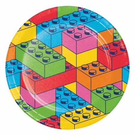 Piatto di Carta 23cm Mattoncini Multicolor "Block Bash" 8pz Mattoncini Colorati