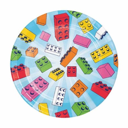 Piatto di Carta 18cm Mattoncini Multicolor "Block Bash" 8pz Mattoncini Colorati