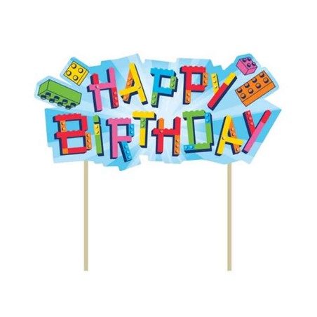 Cake Topper di Carta 20cm Happy Birthday Mattoncini "Block Bash" Mattoncini Colorati