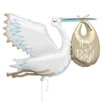 Palloncino in Foil 62" Super Shape Cicogna Celeste e Oro "It's a Boy" Palloncini Nascita Celeste
