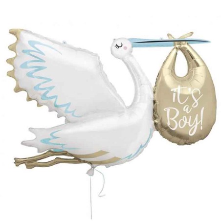 Palloncino in Foil 62" Super Shape Cicogna Celeste e Oro "It's a Boy" Palloncini Nascita Celeste