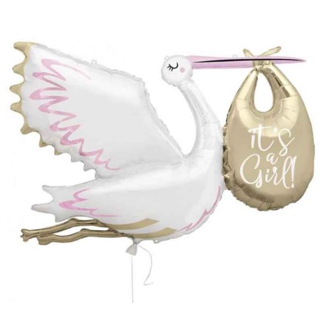 Palloncino in Foil 62" Super Shape Cicogna Rosa e Oro "It's a Girl" Palloncini Nascita Rosa